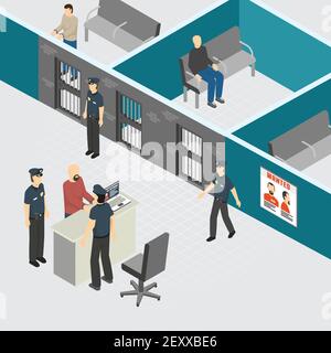 Police department pretrial provisional detention prison section interior isometric composition with officers guards arrested criminals vector illustra Stock Vector