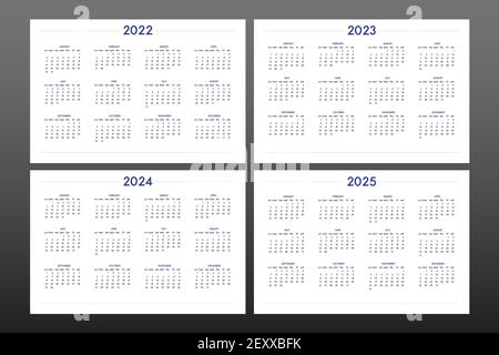 2022 2023 2024 2025 calendar set in classic strict style. wall table calendar schedule, minimal restrained business design for notebook and planner. Week starts on sunday Stock Vector