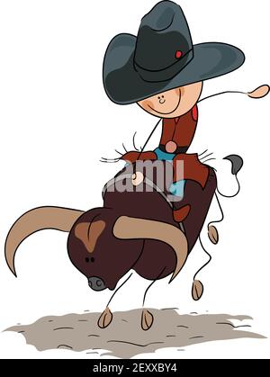 Stick Figure Bull Riding Vector illustration , Cartoon Bull and Rider on the ground Stock Vector
