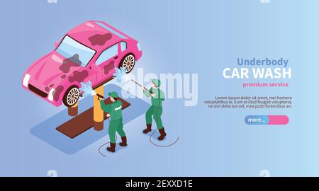 Isometric car washing services horizontal banner with characters of workers spraying car slider button and text vector illustration Stock Vector
