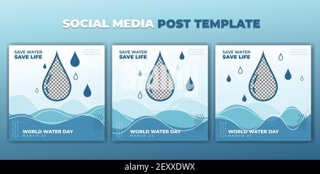 Blue and white social media post template. World Water Day design. Set of social media post template with Blue abstract design. Good template for Onli Stock Vector