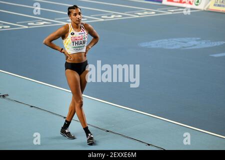 Belgian Nafissatou Nafi Thiam pictured during the high jump of the women pentathlon event of the European Athletics Indoor Championships, in Torun, Po Stock Photo