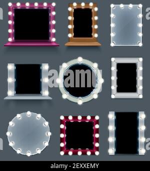 Realistic set of colorful make up mirrors of different shape with light bulbs isolated on grey background vector illustration Stock Vector