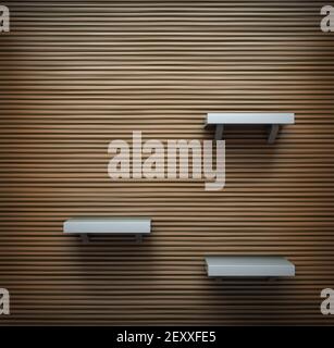 Three empty wooden shelves on the white wall, front view Stock Photo ...