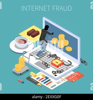 Internet fraud isometric composition hacker with money during attack to computer on turquoise background vector illustration Stock Vector