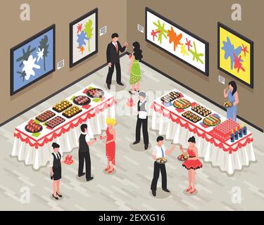 Banquet room with guests staff food and drinks on tables walls with bright pictures isometric vector illustration Stock Vector