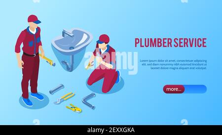 Professional plumber service online horizontal isometric web page banner with two repairmen fixing bathroom sink vector illustration Stock Vector