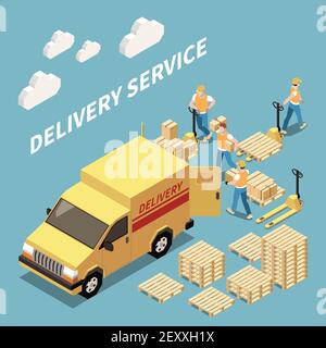 Delivery service isometric composition with workers loading goods 3d isometric vector illustration Stock Vector