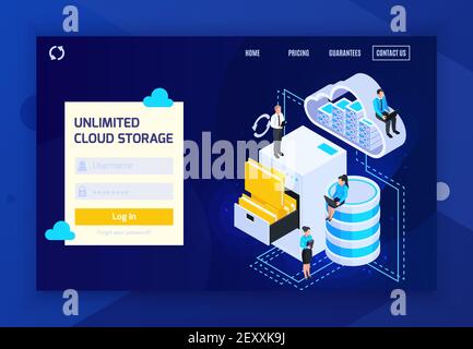 Cloud services isometric landing page website design background with login prompt clickable links and conceptual images vector illustration Stock Vector