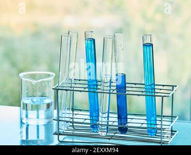 Glass flask and test tubes with liquids in a scientific laboratory. Basque Country, Spain,. Europe. Stock Photo