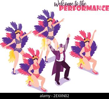 Isometric circus performers show background composition of human characters with artists colourful feathers and editable text vector illustration Stock Vector