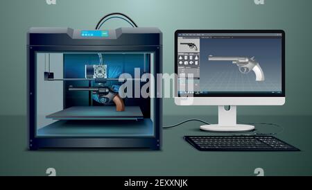 Realistic composition with pistol 3d printing process vector illustration Stock Vector