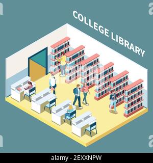 Isometric composition with students studying in college library 3d vector illustration Stock Vector