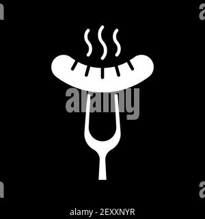 Sausage on fork dark mode glyph icon Stock Vector