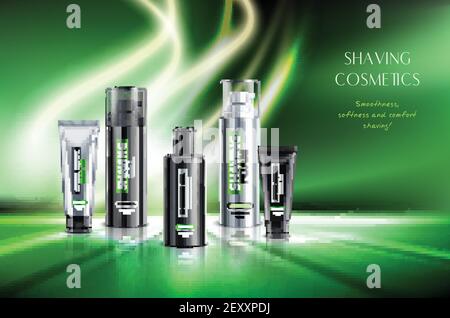 Shaving luxury cosmetics products with foam balm gel realistic emerald green glowing background advertisement poster vector illustration Stock Vector