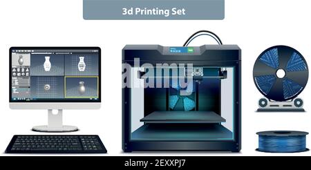 Realistic set of necessary equipment for 3d printing isolated on white background vector illustration Stock Vector