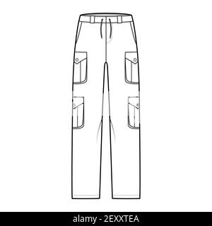 Set of cargo pants technical fashion illustration with low waist, rise ...