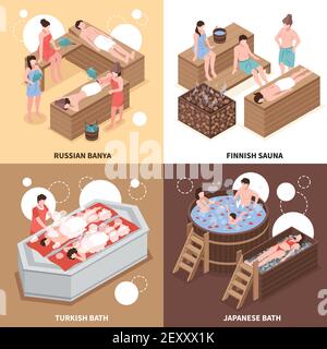 Japanese russian and turkish bath houses and finnish sauna isometric design concept isolated vector illustration Stock Vector