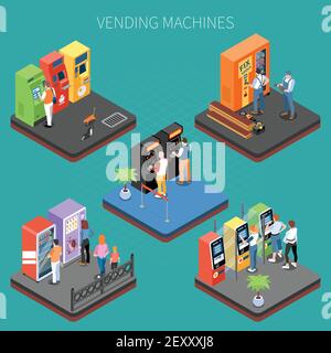 Customers near vending machines with goods and services isometric composition on turquoise background vector illustration Stock Vector