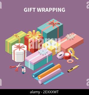 Colorful cardboard gift boxes and tools for wrapping isometric composition 3d vector illustration Stock Vector