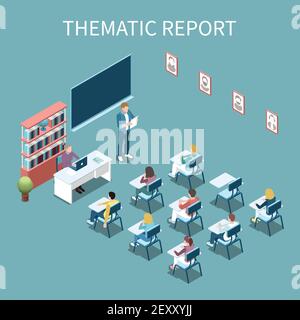 University student making thematic report in front of class isometric composition 3d vector illustration Stock Vector