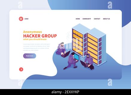 Isometric hacker concept banner web page design with anonymous hacking group images clickable links and text vector illustration Stock Vector