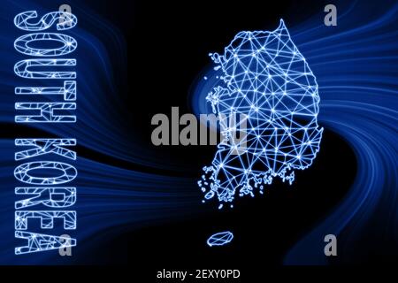 Map of South Korea, Polygonal mesh line map, blue map on dark background Stock Photo