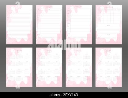 2022 2023 2024 2025 calendar and daily weekly monthly personal planner. Light pink abstract spots and dots, delicate feminine style. Week starts on sunday Stock Vector