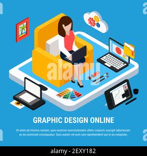 Graphic design isometric concept with woman working on computer on blue background 3d vector illustration Stock Vector