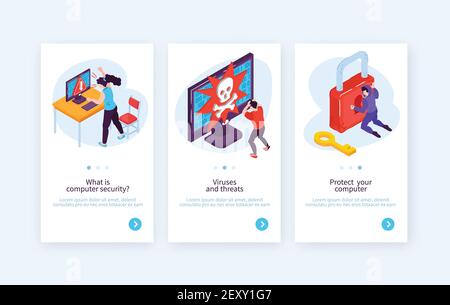 Set of three vertical isometric hacker banners with conceptual images of people hacking systems with text vector illustration Stock Vector