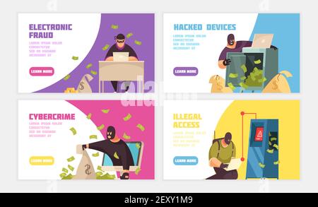 Three hacker horizontal banner set with electronic fraud hacked device cybercrime and illegal access headlines vector illustration Stock Vector