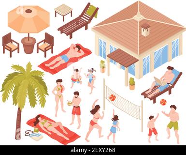 Isometric beach house tropic holidays people set with isolated human characters house and tropical plants images vector illustration Stock Vector