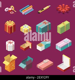 Isometric set of empty and wrapped cardboard gift boxes and stationery icons 3d isolated vector illustration Stock Vector
