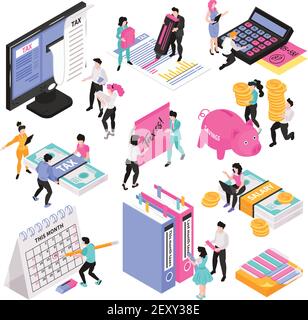 Isometric accounting set of conceptual images with little people characters and various workspace objects and items vector illustration Stock Vector