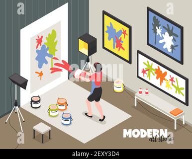 Modern art studio with woman artist during creative work with paints and canvas isometric vector illustration Stock Vector