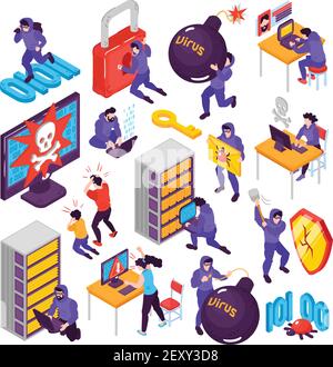 Isometric hacker set with isolated conceptual images with pictogram icons images of computer peripherals and people vector illustration Stock Vector