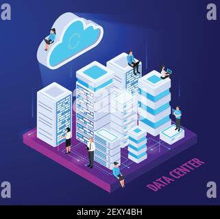 Cloud services isometric conceptual composition with images of server racks and little people characters with text vector illustration Stock Vector