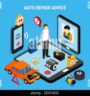 Auto repair advice isometric concept with diagnostics symbols vector illustration Stock Vector