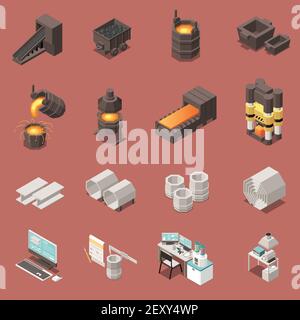 Isometric icons set with metal industry equipment 3d isolated vector illustration Stock Vector