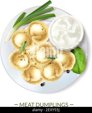 Realistic meat gourmet pelmeni food composition with text and top view of dumplings served on plate vector illustration Stock Vector
