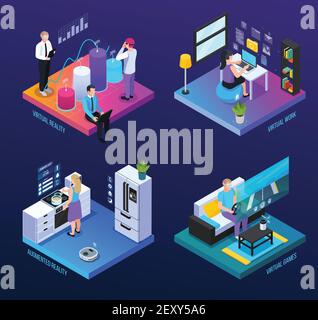 Virtual augmented reality 360 degree isometric 2x2 set of compositions with human characters and computer icons vector illustration Stock Vector