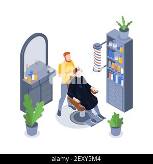 Isometric barbershop composition with male stylist and his client having hair cut 3d vector illustration Stock Vector