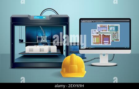 Realistic composition with 3d printing of house model and printed helmet vector illustration Stock Vector