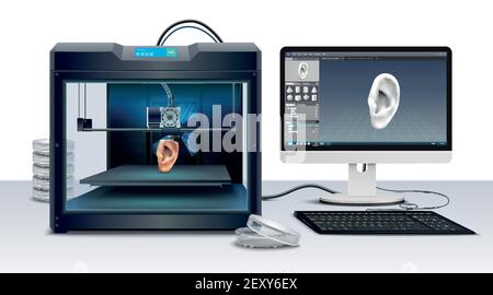 3d printing of human ear realistic composition vector illustration Stock Vector