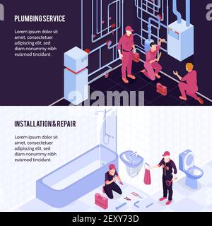 Plumbing service boiler maintenance repair bathroom shower toilet sanitary installation 2 horizontal isometric advertising banners vector illustration Stock Vector