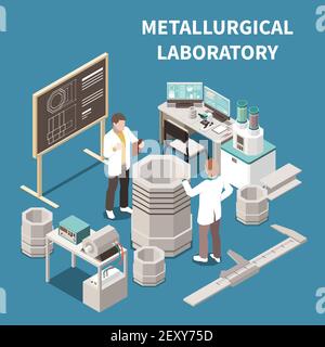 Metal industry isometric composition with two people in metallurgical laboratory 3d vector illustration Stock Vector