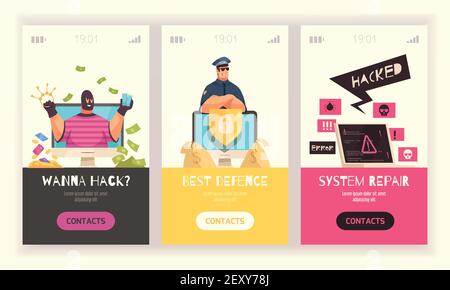 Three hacker vertical banner set with wanna hack best defense and system repair headlines vector illustration Stock Vector