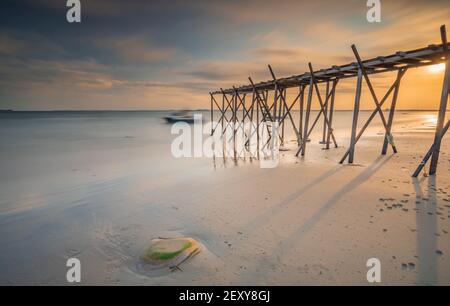 Wooden port in the Melawai Beach, Balikpapan, East Borneo, Indonesia Stock Photo