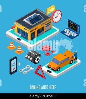 Online auto help isometric concept with diagnostics symbols vector illustration Stock Vector