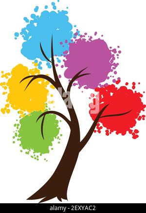 Abstract tree and colorful round leaves. Isolated on white background. Stock Vector